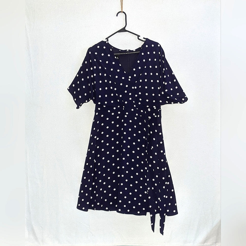 ALYX size 12 navy blue and white polka dot dress with cloth ties